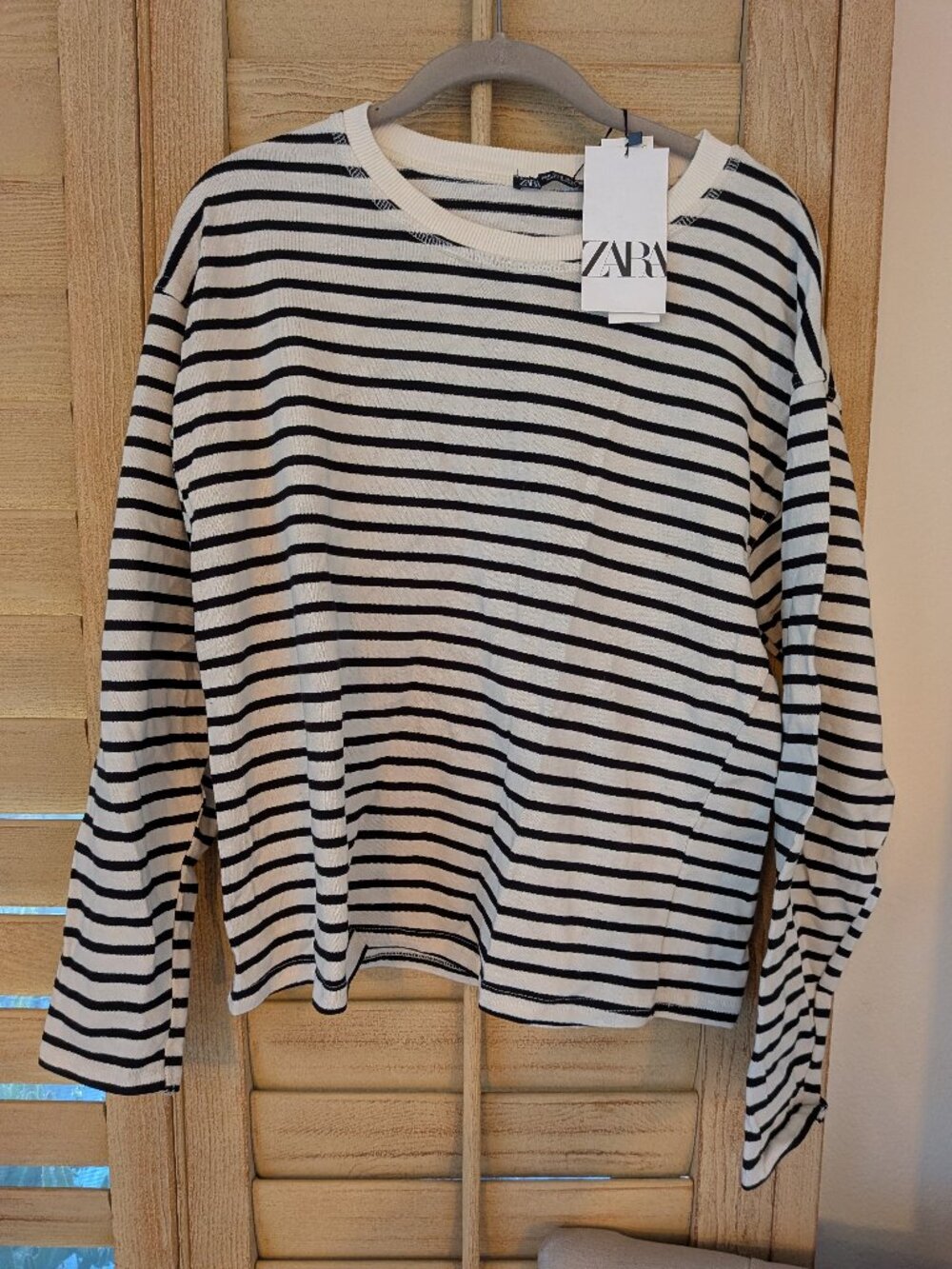ZARA White Blue Striped Long Sleeve Knit Crew Neck T-Shirt Women M